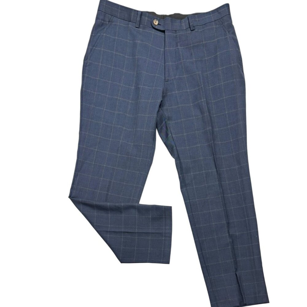 INDOCHINO Newbury 44 Navy Windowpane Wool Flat Front Bespoke Dress Trousers